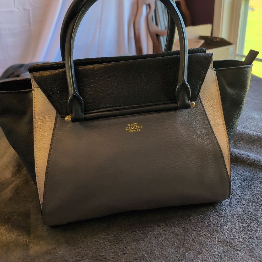 EUC Vince Camuto Leather Satchel Bag Black Grey Cream Crossbody Handbag